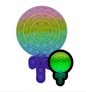 Rainbow colored lollipop pop it toy.