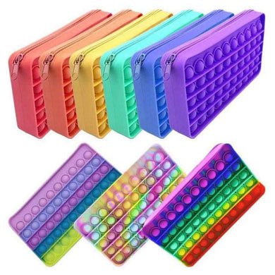 A collage of several colored pop it pencil cases.