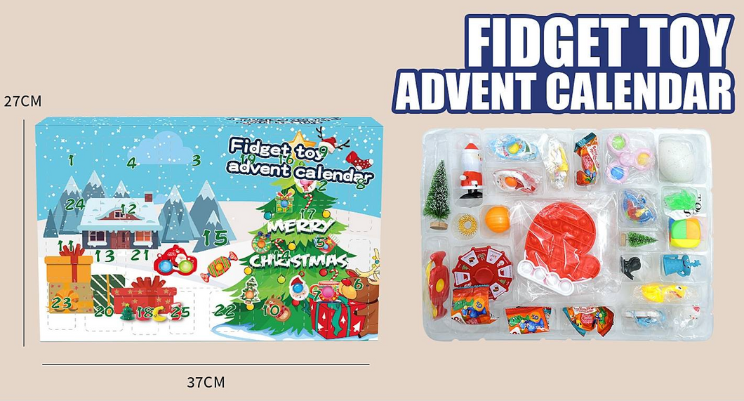 Fidget Toy advent calendar. Size dimensions and toy display.